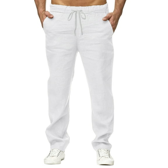 HOWPAY Lounge Pants Men Solid Color Loose Fit Elastic Waist Track Pants with Pockets Stretchy Lightweight Wide Leg Soft Casual Slacks White L