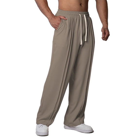 HOWPAY Lounge Pants Men Solid Color Loose Fit Elastic Waist Workout Pants with Pockets Lightweight Drawstring Wide Leg Soft Casual Slacks Coffee XXL