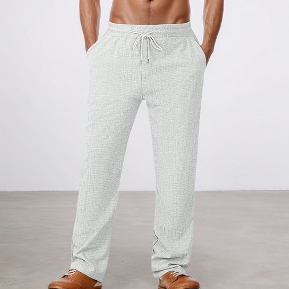HOWPAY Lounge Pants Men Solid Color Relaxed Fit Elastic Waist Comfy Trackpants with Pockets Stretchy Lightweight Wide Leg Soft Casual Slacks White M