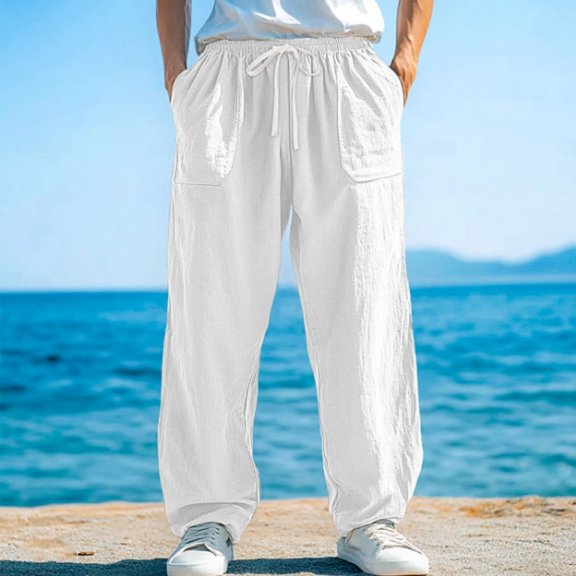 HOWPAY Lounge Pants Men Solid Color Relaxed Fit Elastic Waist Sweat Pants with Pockets Stretchy Lightweight Wide Leg Soft Baggy Trousers White M
