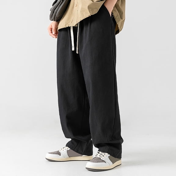 HOWPAY Lounge Pants Men Solid Color Relaxed Fit Elastic Waist Trackpants with Pockets Stretchy Lightweight Straight Leg Comfy Casual Slacks Black L