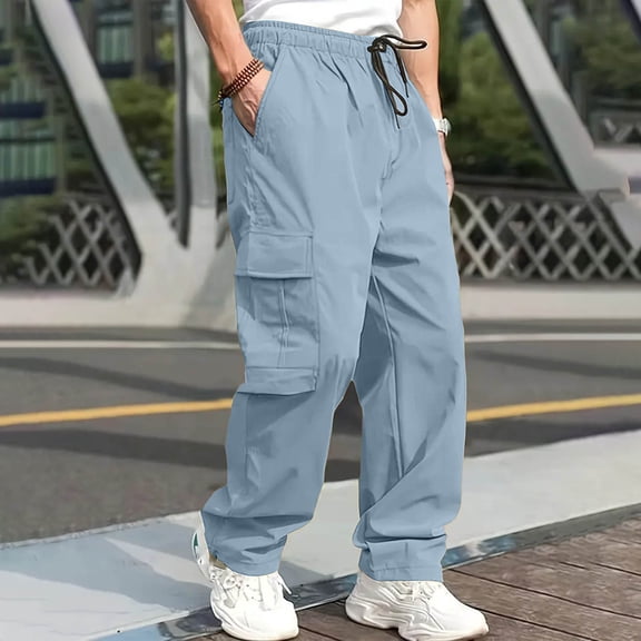 HOWPAY Lounge Pants for Men Solid Color Loose Fit Elastic Waist Drawstring Workout Pants with Pockets Lightweight Wide Leg Soft Baggy Trousers Blue L