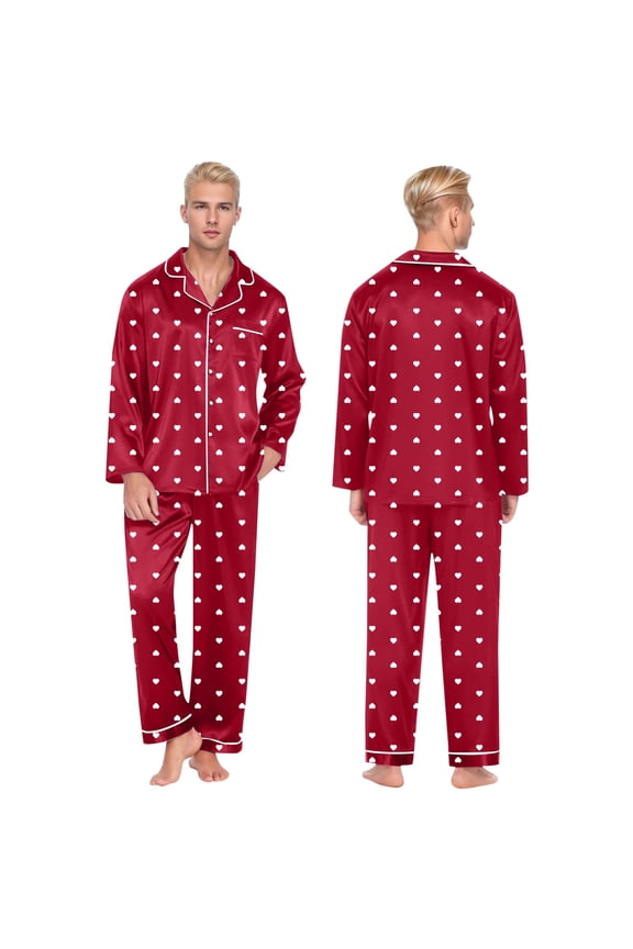 Matching Pajamas for Couples Valentine's Day Long Sleeve Button down Shirts and Pants Lounge Set Causal Soft Comfy 2 Piece Sleepwear Red L