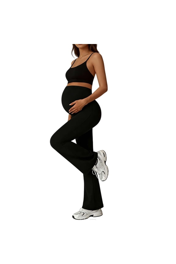 Maternity Flare Leggings over the Belly High Waisted Yoga Pants for Workout Lounge Bell Bottoms Soft Casual Pregnancy Activewear Black L