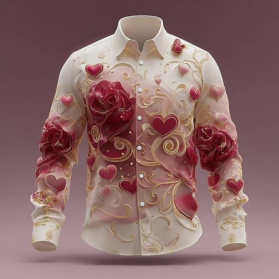 HOWPAY Men Dress Shirt Valentines Button up Heart Graphic Long Sleeve Shirt Regular Fit Casual Stretch Lightweight Holiday Party Fall Clothes Multicolour L