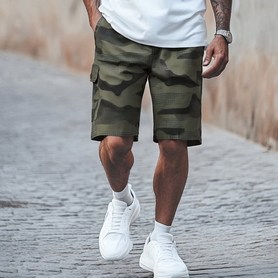 HOWPAY Men's Cargo Shorts Casual Relaxed Fit Elastic Waist Cargo Pants Camo Print Multi Pockets Outdoor Lightweight Hiking Shorts Army Green L