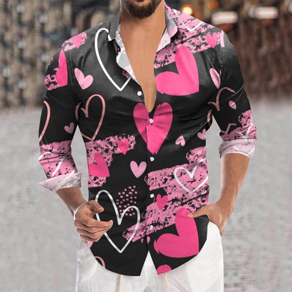 HOWPAY Men's Dress Shirts Valentines Graphic Regular Fit Long Sleeve Button up Shirts Casual Stretch Lightweight Holiday Party Fall Clothes Khaki S