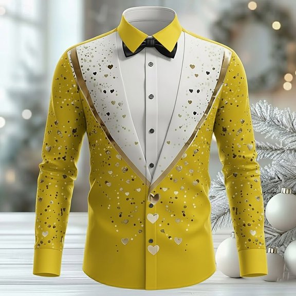 HOWPAY Men's Dress Shirts Valentines Graphic Slim Fit Long Sleeve Shirt Button up Stretch Casual Lightweight Holiday Party Fall Clothes Yellow XXXXL