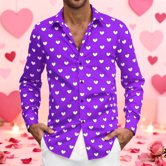 HOWPAY Men's Dress Shirts Valentines Love Heart Print Long Sleeve Slim Fit Shirts Button down Stretch Casual Lightweight Comfy Fall Clothes Purple S