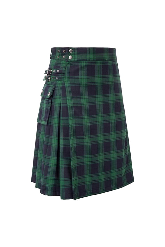 Men's Kilt Tartan Utility Traditional Highland Scottish Kilt with Adjustable Straps and Cargo Pockets Retro Everyday Wear Green L