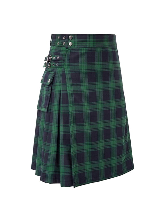 Men's Kilt Tartan Utility Traditional Highland Scottish Kilt with Adjustable Straps and Cargo Pockets Retro Everyday Wear Green XL