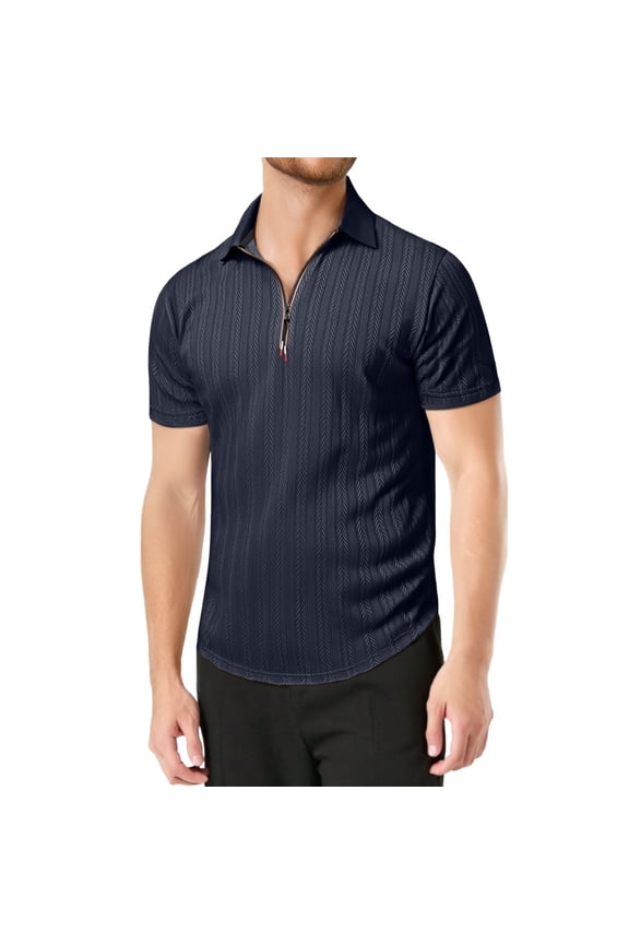 Men's Polo Shirts Short Sleeve Solid Color Half Zip Collared Tops Casual Loose Fit Stretch Lightweight Athletic Golf Shirts Blue L