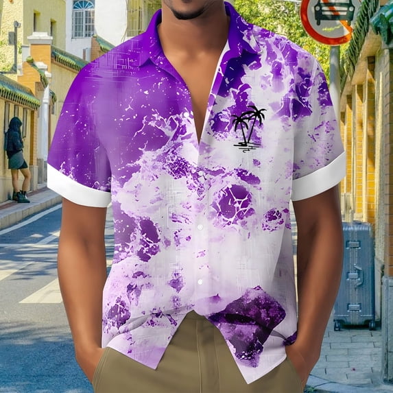 HOWPAY Men's Shirts Oversized Short Sleeve Button up Hawaiian Floral Print Tops Beach Holiday Stretch Casual Regular Fit Comfy Summer Clothes Purple M