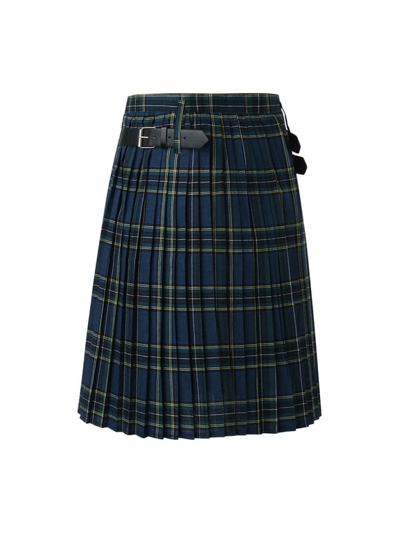 Men's Tartan Utility Kilt Traditional Highland Scottish Kilt with Adjustable Straps and Cargo Pockets Retro Casual Wear Blue XL