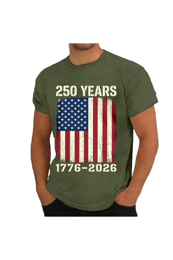 Mens 250 Anniversary USA Shirt Independence Day Crew Neck Short Sleeve 4th of July Tees Patriotic Retro Vintage Casual Tees Army Green L