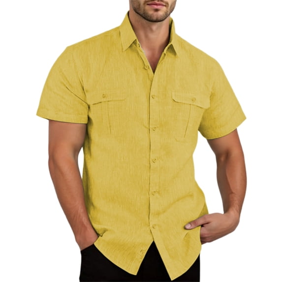 HOWPAY Mens Button down Shirt Short Sleeve Summer Solid Color Holiday Beach Tops Casual Regular Fit Oversized Comfy Clothes Yellow M
