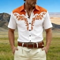 thumbnail image 1 of HOWPAY Mens Button down Shirt Short Sleeve Western Cowboy Print Beach Vacation Tops Stretch Casual Loose Fit Oversized Soft Summer Clothes Orange L, 1 of 4