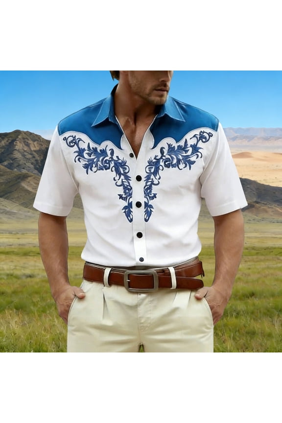 Mens Button down Shirt Short Sleeve Western Cowboy Print Beach Vacation Tops Stretch Casual Loose Fit Oversized Soft Summer Shirts Blue L