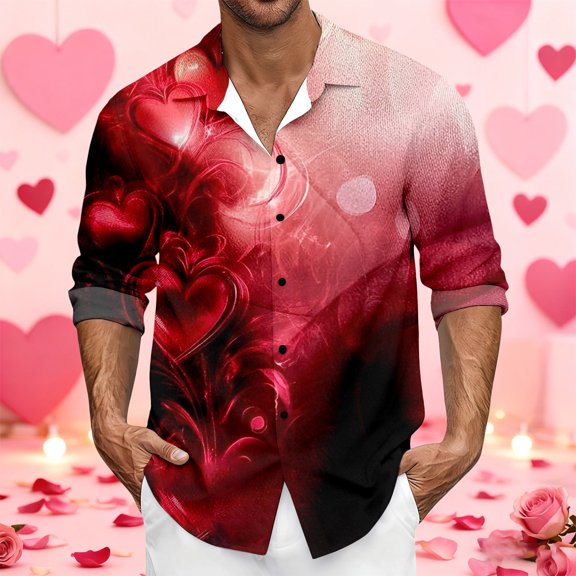 HOWPAY Mens Dress Shirt Valentines Love Heart Print Long Sleeve Slim Fit Button down Shirts Stretch Casual Lightweight Comfy Fall Clothes Red XL