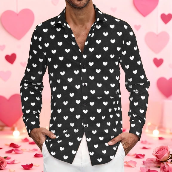 HOWPAY Mens Dress Shirt Valentines Love Heart Print Long Sleeve Slim Fit Shirts Button down Stretch Casual Lightweight Comfy Fall Clothes Black XXL