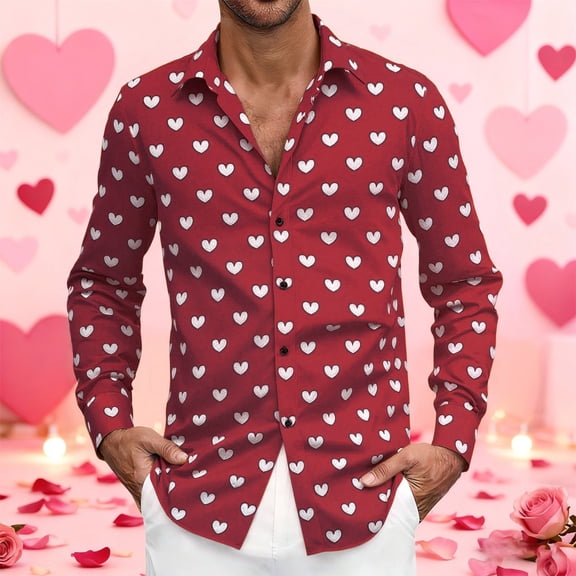 HOWPAY Mens Dress Shirt Valentines Love Heart Print Long Sleeve Slim Fit Shirts Button down Stretch Casual Lightweight Comfy Fall Clothes Wine L