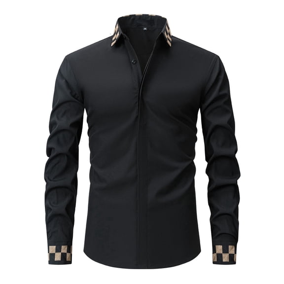 HOWPAY Mens Dress Shirts Long Sleeve Regular Fit Button up Classic Shirts Business Stretch Solid Color Prom Wedding Lightweight Fall Clothes Black S