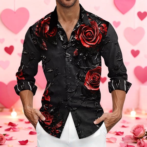 HOWPAY Mens Dress Shirts Valentines Rose Flower Print Button down Long Sleeve Regular Fit Shirts Stretch Holiday Party Fall Clothes Black L