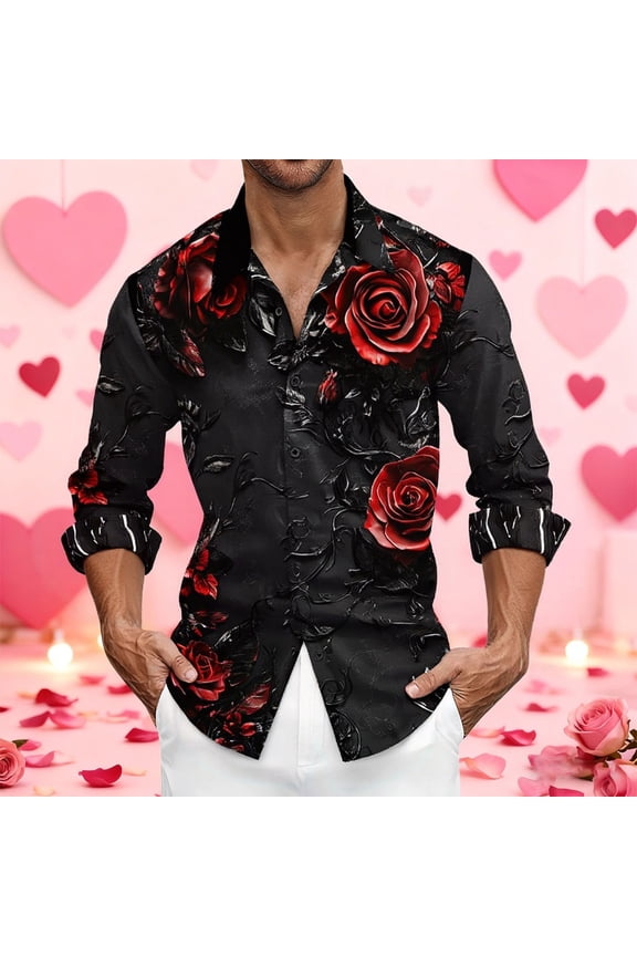 Mens Dress Shirts Valentines Rose Flower Print Button down Long Sleeve Regular Fit Shirts Stretch Holiday Party Fall Clothes Black L