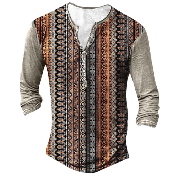 HOWPAY Mens Henley Shirts Long Sleeve Oversized Printing Tops Classic Loose Fit Casual Button down T-Shirts Lightweight Comfy Fall Outfits Orange XXXL