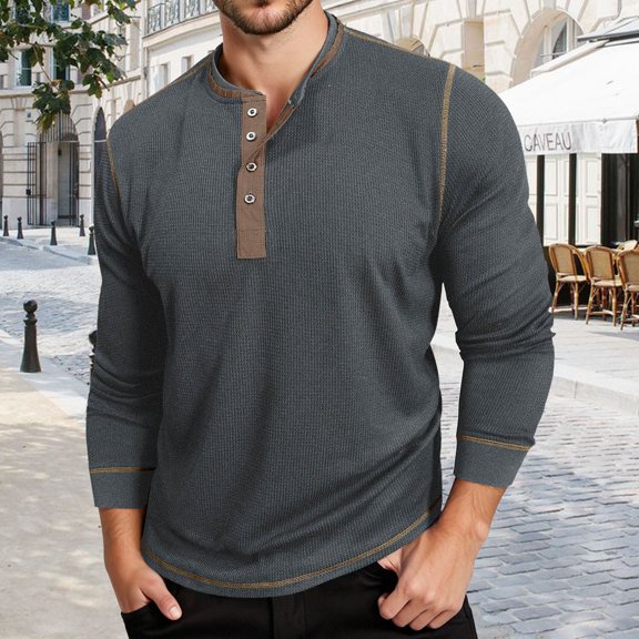 HOWPAY Mens Henley Shirts Long Sleeve Oversized Solid Color Casual Loose Fit Button down Tee Pullover Top Lightweight Soft Fall Outfits Dark Gray XXXL