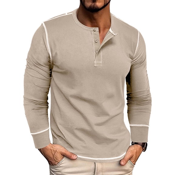 HOWPAY Mens Henley Shirts Long Sleeve Oversized Solid Color Loose Fit T-Shirts Casual Classic Button down Tops Lightweight Comfy Fall Clothes Khaki L