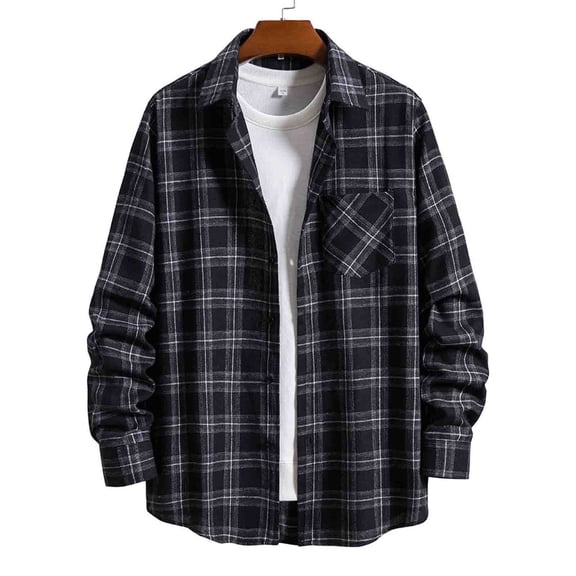 HOWPAY Mens Plaid Shirt Lightweight Roll up Long Sleeve Button down Collared Blouse Casual Soft Classic Checkered Shirts Loose Fit Cozy Fall Outfits Grey XS