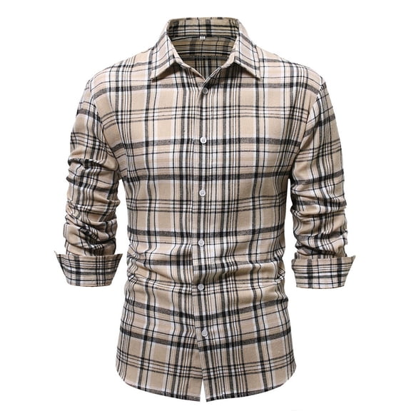HOWPAY Mens Plaid Shirt Lightweight Roll up Long Sleeve Button down Shackets Retro Loose Fit Casual Collared Checkered Shirts Soft Comfy Fall Clothes Beige XXL