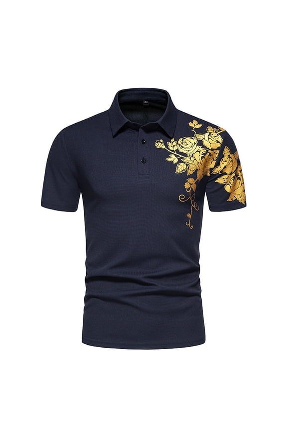 Mens Polo Shirts Casual Collared Short Sleeve Button down Tops Printed Stretch Breathable Athletic Summer Clothes Navy M