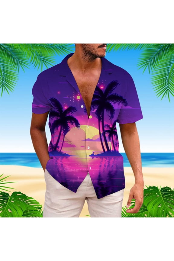 HOWPAY Mens Shirts Casual Short Sleeve Button up Tropical Print T Shirts Work Holiday Loose Fit Lightweight Soft Summer Clothes Hot Pink L