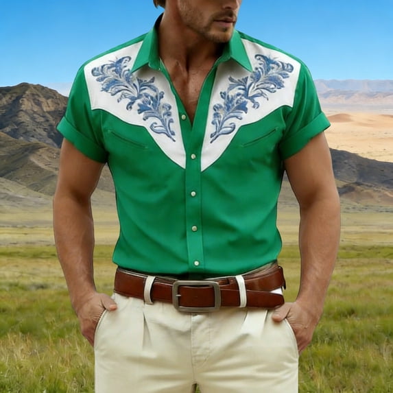 HOWPAY Mens Shirts Short Sleeve Button down Western Cowboy Print Beach Vacation Tee Stretch Casual Loose Fit Oversized Soft Summer Clothes Green XXL
