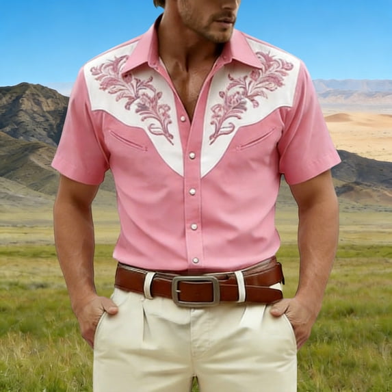 HOWPAY Mens Shirts Short Sleeve Button down Western Cowboy Print Beach Vacation Tee Stretch Casual Loose Fit Oversized Soft Summer Clothes Pink XXL
