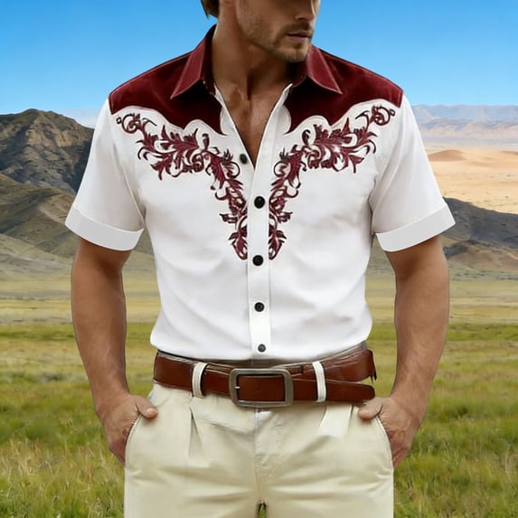 HOWPAY Mens Shirts Short Sleeve Button down Western Cowboy Print Beach Vacation Tops Stretch Casual Loose Fit Oversized Soft Summer Clothes Wine M