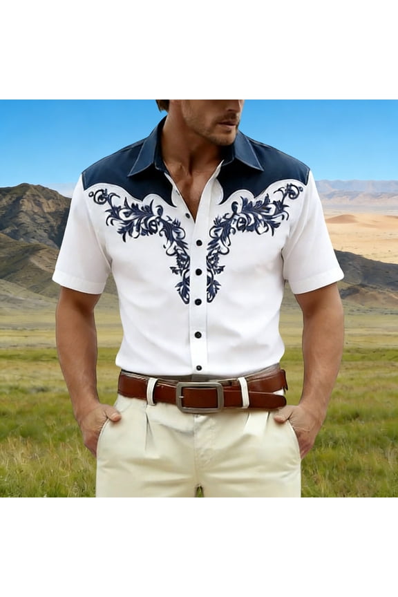 Mens Shirts Short Sleeve Button down Western Cowboy Print Beach Vacation Tops Stretch Casual Loose Fit Oversized Soft Summer Shirts Navy L
