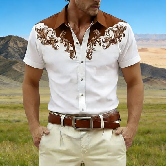 HOWPAY Mens Shirts Western Cowboy Print Short Sleeve Button down Work Vacation Shirts Casual Loose Fit Stretch Lightweight Summer Tops Brown S