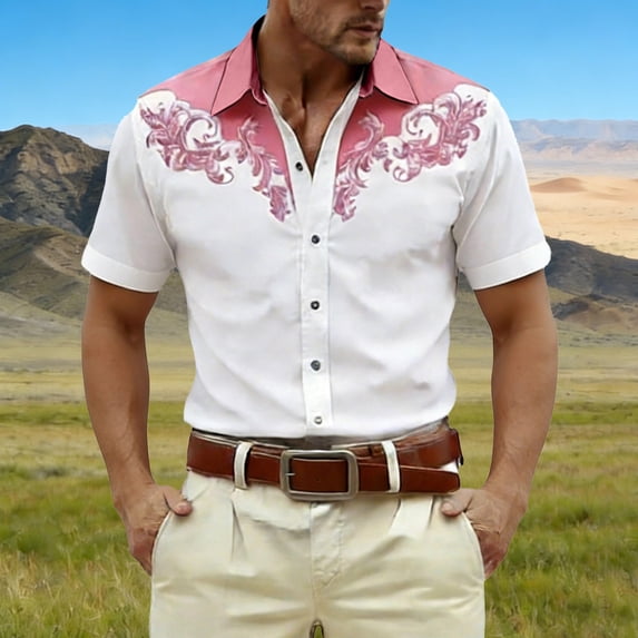 HOWPAY Mens Shirts Western Cowboy Print Short Sleeve Button down Work Vacation Shirts Casual Loose Fit Stretch Lightweight Summer Tops Pink M
