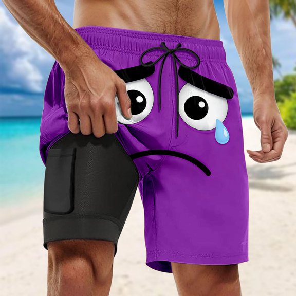 HOWPAY Mens Swim Trunks Funny Face Print Quick Dry Beach Shorts Elastic Waist Breathable Lightweight Summer Casual Bathing Suit Purple XXXL