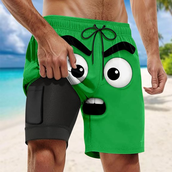 HOWPAY Mens Swim Trunks Funny Face Print Quick Dry Beach Shorts Elastic Waist Drawstring Breathable Loose Fit Summer Casual Swimwear Green XXL