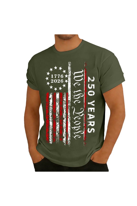 Mens USA 250th Anniversary Shirt 4th of July Independence Day Patriotic Tops Short Sleeve Crew Neck Vintage Loose Fit Casual Tees Army Green L