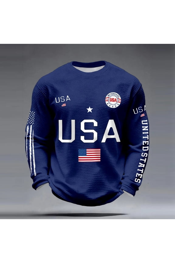 Mens USA 250th Anniversary Shirt Independence Day Freedom Pullover American Flag Graphic Crew Neck Long Sleeve Patriotic Casual T-Shirt Blue S