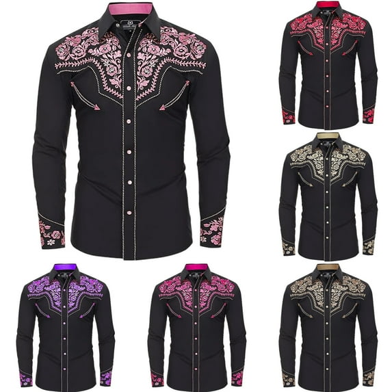 HOWPAY Mens Western Cowboy Shirts Vintage Embroidered Loose Fit Casual Long Sleeve Lapel Collar Button down Shirts Lightweight Fall Clothes Pink XL