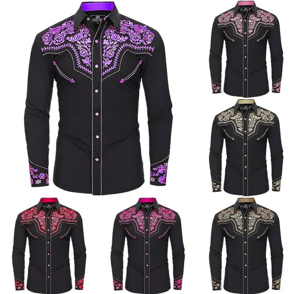 HOWPAY Mens Western Cowboy Shirts Vintage Embroidered Loose Fit Casual Long Sleeve Lapel Collar Button down Shirts Lightweight Fall Clothes Purple XL