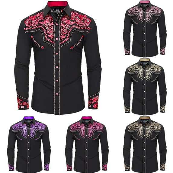 HOWPAY Mens Western Cowboy Shirts Vintage Embroidered Loose Fit Casual Long Sleeve Lapel Collar Button down Shirts Lightweight Fall Clothes Red XXL