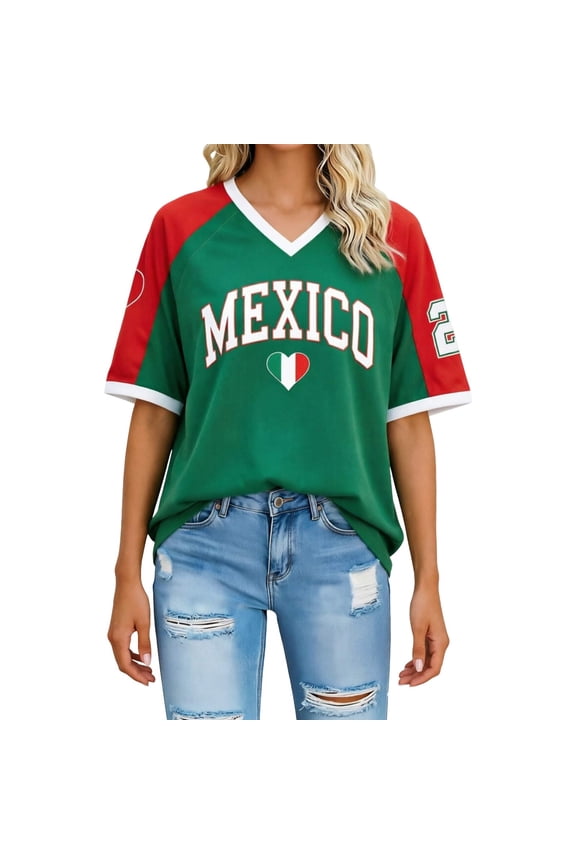 Mexico Women Oversized Soccer Brazil Style Y2K V Neck T Shirt Casual Loose Soft Short Sleeve Soccer Fan Top Mexico Soccer Shirts
