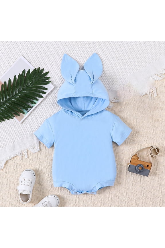 My First Easter Baby Girl Outfit Bunny Ear Hoodie Sweatshirt Romper Short Sleeve Solid Color Bodysuit Causal Oversized Outfits Blue